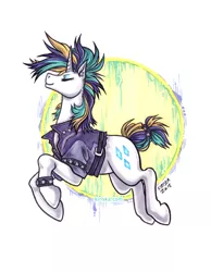 Size: 613x788 | Tagged: safe, artist:kiriska, derpibooru import, rarity, pony, unicorn, it isn't the mane thing about you, alternate hairstyle, clothes, ear piercing, eyes closed, female, jacket, leaping, leather jacket, mare, piercing, punk, raripunk, short tail, solo, tail band, traditional art