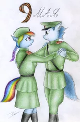 Size: 1465x2219 | Tagged: safe, artist:sinaherib, derpibooru import, rainbow dash, soarin', anthro, dancing, female, male, military uniform, shipping, soarindash, straight, traditional art, waltz