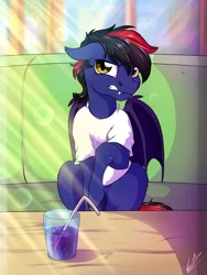 Size: 3000x4000 | Tagged: safe, artist:lupiarts, derpibooru import, oc, oc:noctis fructosi junior, unofficial characters only, bat pony, angry, bat pony oc, bat wings, clothes, commission, cup, drink, fangs, i'm not cute, male, shirt, sitting, solo, stallion, wings