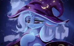 Size: 2560x1600 | Tagged: safe, artist:fluttersheeeee, derpibooru import, trixie, pony, unicorn, cape, clothes, female, hat, mare, sad, solo, trixie's cape, trixie's hat