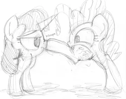 Size: 1280x1001 | Tagged: safe, artist:aemantaslim, derpibooru import, pinkie pie, twilight sparkle, earth pony, pony, unicorn, bipedal, boop, cute, female, frown, has science gone too far?, lidded eyes, mare, monochrome, nose wrinkle, not salmon, pencil drawing, simple background, sketch, smiling, traditional art, twilight is not amused, two legged creature, unamused, wat, white background