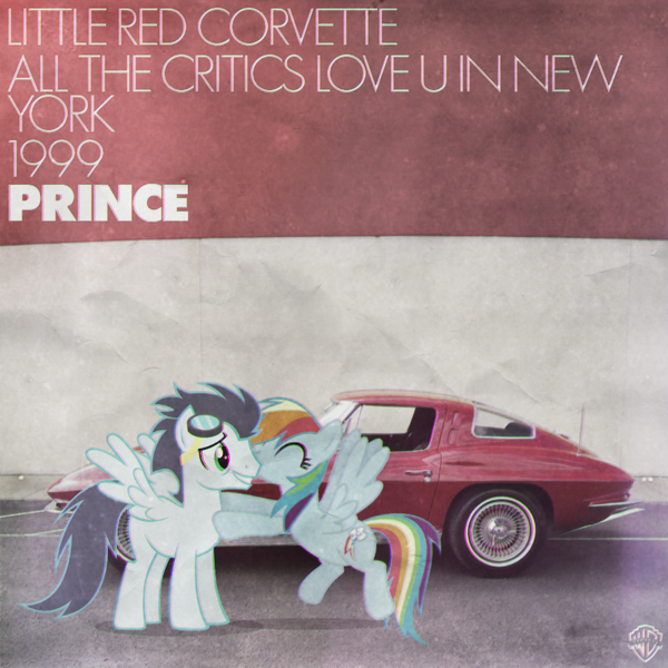 Size: 800x800 | Tagged: safe, artist:adrianimpalamata, derpibooru import, rainbow dash, soarin', pony, album cover, car, chevrolet, chevrolet corvette, corvette, corvette c2, female, irl, kiss on the cheek, kissing, male, music, photo, ponies in real life, prince (musician), shipping, soarindash, song, straight, vector