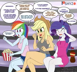 Size: 1175x1091 | Tagged: safe, artist:pshyzomancer, derpibooru import, applejack, rainbow dash, rarity, equestria girls, applejack's hat, armpits, blushing, colored, complaining, cowboy hat, crossed legs, darling, dialogue, eyes closed, feet, food, hat, indianapolis 500, indycar, legs, open mouth, patreon, patreon logo, popcorn, sitting, smiling, soda, thighs