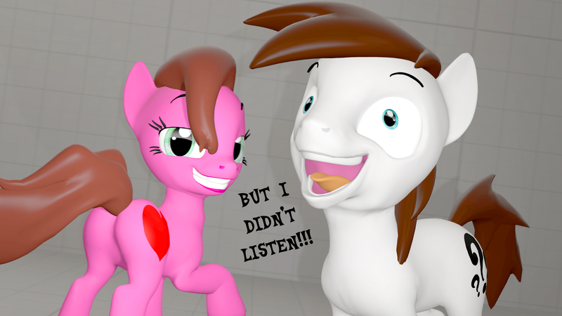 Size: 3840x2160 | Tagged: 3d, artist:aarondrawsarts, butt, caption, derpibooru import, exploitable meme, i didn't listen, image macro, looking back, meme, oc, oc:brain teaser, oc:rose bloom, out of context, plot, source filmmaker, suggestive, text