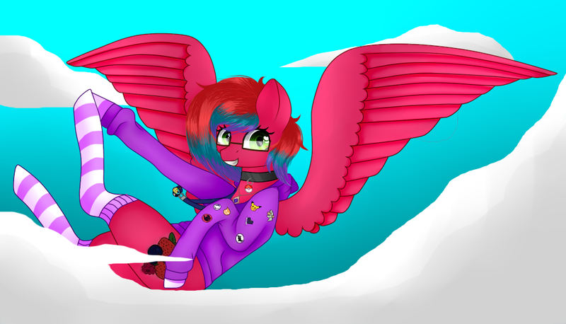 Size: 1000x573 | Tagged: safe, artist:princess-of-the-nigh, derpibooru import, oc, oc:berī softly, unofficial characters only, pegasus, pony, anime, badge, clothes, cloud, collar, commission, female, flying, glasses, hoodie, jewelry, mare, necklace, pokémon, socks, solo, striped socks, weeaboo, ych result