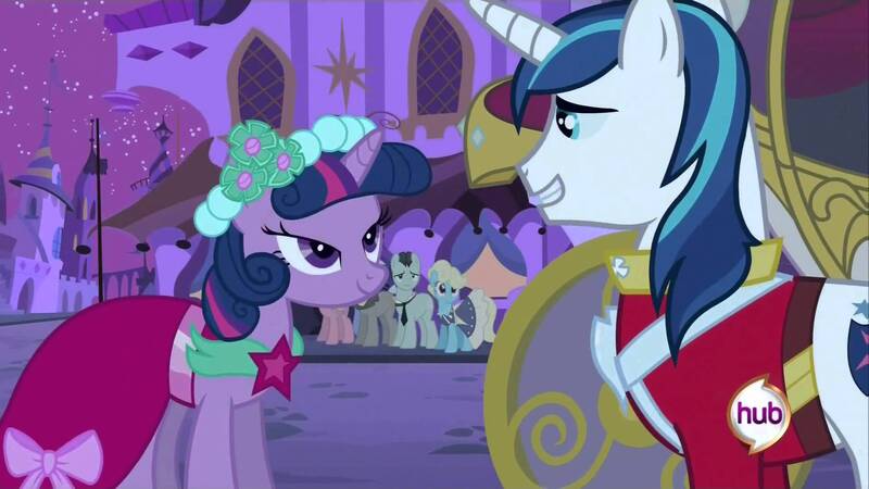 Size: 1920x1080 | Tagged: a canterlot wedding, caesar, canterlot, carriage, clothes, count caesar, derpibooru import, eclair créme, jangles, looking at each other, love is in bloom, marriage, night, out of context, royal ribbon, safe, screencap, shining armor, smiling, stars, twilight sparkle, wedding