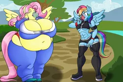Size: 1200x800 | Tagged: suggestive, artist:mad'n evil, derpibooru import, fluttershy, rainbow dash, anthro, bat pony, abs, big breasts, breasts, busty fluttershy, cleavage, fat, fattershy, fetish, flutterbat, food, gum, muscle fetish, muscles, obese, race swap, rainbuff dash, story in the source, weight gain