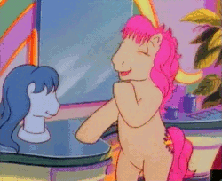 Size: 432x353 | Tagged: safe, derpibooru import, screencap, bon bon (g1), clover (g1), patch (g1), sweetheart, pony, my little pony tales, shop talk, animated, bipedal, bipedal leaning, blinking, dolly zoom, g1, hair salon, leaning, talking, wig