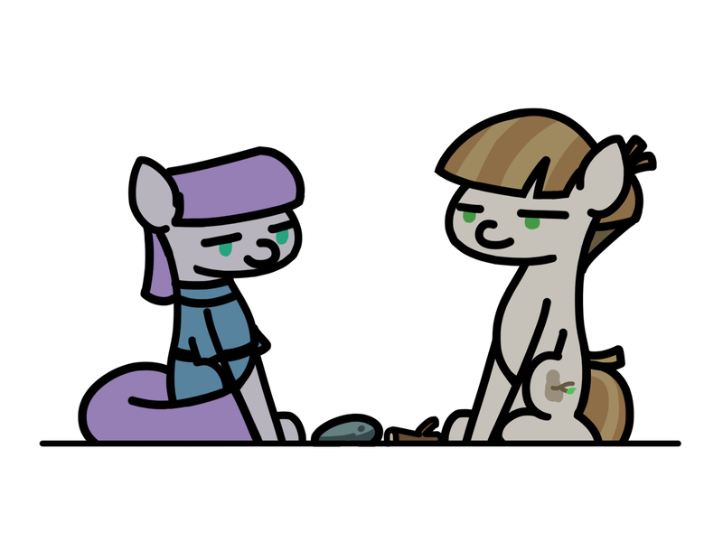 Size: 1800x1350 | Tagged: safe, artist:flutterluv, derpibooru import, boulder (pet), maud pie, mudbriar, twiggy (pet), earth pony, pony, the maud couple, cargo ship, chibi, duo, female, male, maudbriar, shipping, simple background, sitting, stick and stone, straight, white background