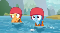 Size: 1920x1080 | Tagged: safe, derpibooru import, screencap, applejack, rainbow dash, pony, non-compete clause, covering mouth, discovery family logo, gasp, helmet, i've made a huge mistake, lifejacket, oh crap, river, treading water, water, wide eyes