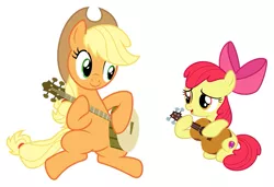 Size: 901x618 | Tagged: safe, derpibooru import, apple bloom, applejack, pony, guitar, implied pear butter, memories, mother's day, musical instrument, remembrance