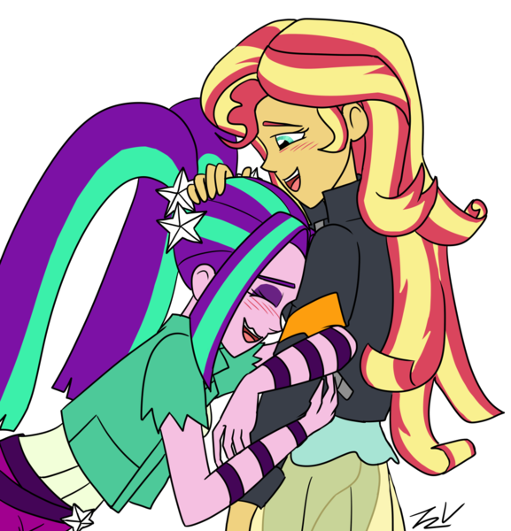 Size: 1080x1124 | Tagged: safe, artist:little-tweenframes, artist:verumtee, derpibooru import, aria blaze, sunset shimmer, comic:aria's archives, series:sciset diary, equestria girls, rainbow rocks, blushing, clothes, eyes closed, female, hug, jacket, lesbian, shipping, simple background, smiling, sunblaze, transparent background