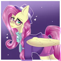 Size: 3000x3000 | Tagged: safe, artist:colirosablitz, derpibooru import, fluttershy, pegasus, pony, fake it 'til you make it, alternate hairstyle, clothes, female, glasses, hat, hipstershy, mare, solo, sweater, sweatershy