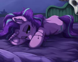 Size: 1280x1024 | Tagged: safe, artist:blackkaries, derpibooru import, starlight glimmer, pony, unicorn, the parent map, accessories, bed, blushing, cute, ear piercing, earring, emo, frog (hoof), glimmerbetes, goth, jewelry, looking at you, lying down, messy mane, piercing, smiling, solo, starlight's room, teenage glimmer, teenager, underhoof