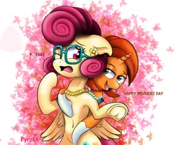 Size: 600x499 | Tagged: suggestive, artist:pyropk, derpibooru import, posey shy, stellar flare, pegasus, pony, unicorn, armpits, collar, duo, duo female, female, glasses, infidelity, lesbian, milf, mother, mother's day, poseyflare, shipping, stellar milf