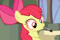 Size: 1620x1080 | Tagged: safe, derpibooru import, edit, edited screencap, screencap, apple bloom, pony, apple blunt, bloodshot eyes, blunt, bow, drug use, drugs, drugs are bad mmmkay?, high, marijuana, mlg, paper, parody, solo