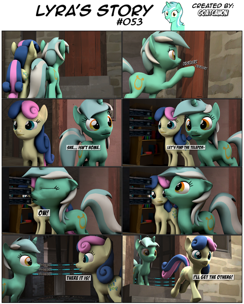 Size: 3929x4905 | Tagged: 3d, adorabon, artist:goatcanon, bon bon, comic, comic:lyra's story, cute, derpibooru import, dialogue, equal town, implied starlight glimmer, lyra heartstrings, our town, safe, source filmmaker, starlight's village, sweetie drops, teleporter, text