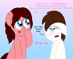 Size: 4500x3629 | Tagged: safe, artist:aarondrawsarts, derpibooru import, oc, oc:brain teaser, pony, dialogue, embarrassed, female, male, mother, mother and child, mother and son, mother's day, tumblr