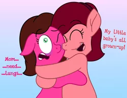 Size: 4500x3497 | Tagged: safe, artist:aarondrawsarts, derpibooru import, oc, oc:rose bloom, pony, dialogue, female, hug, mother, mother and child, mother and daughter, mother's day, strangling, suffocating, tumblr