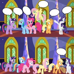 Size: 1000x1000 | Tagged: safe, derpibooru import, applejack, fluttershy, pinkie pie, rainbow dash, rarity, twilight sparkle, twilight sparkle (alicorn), alicorn, pony, comic, fill in the blanks, mane 6 interests (tv edition), mane six, meme, template