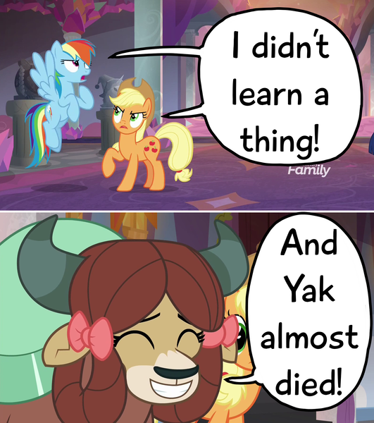 Size: 1920x2170 | Tagged: safe, derpibooru import, edit, edited screencap, screencap, applejack, rainbow dash, yona, earth pony, pegasus, pony, yak, non-compete clause, bow, flying, hair bow, i didn't learn anything, raised hoof