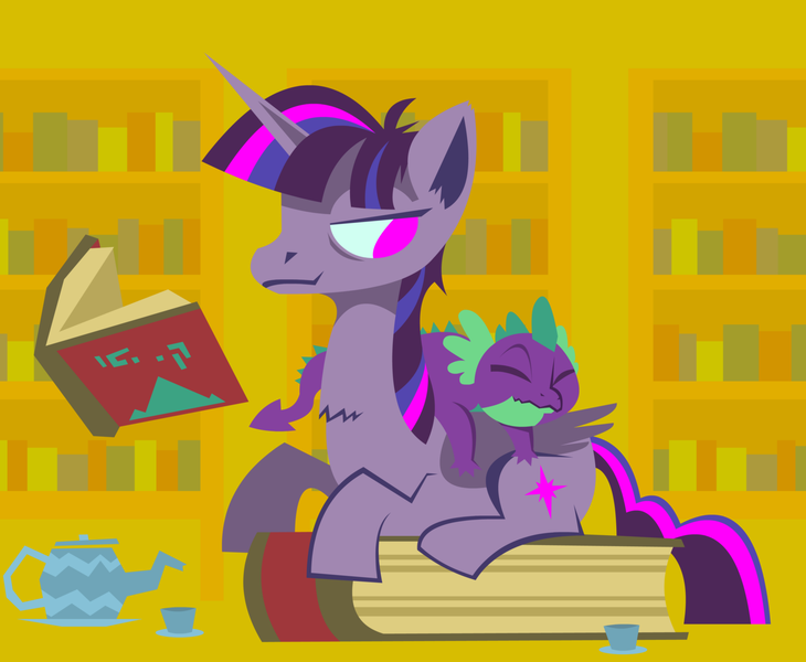 Size: 3523x2894 | Tagged: safe, artist:zekeyspaceylizard, derpibooru import, spike, twilight sparkle, twilight sparkle (alicorn), alicorn, dragon, pony, book, bookshelf, duo, mama twilight, mother's day