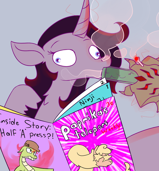 Size: 2206x2379 | Tagged: safe, artist:lawrence alpaca, derpibooru import, fhtng th§ ¿nsp§kbl, oleander (tfh), paprika paca, tianhuo, alpaca, them's fightin' herds, bong, community related, fred, gossip, magazine