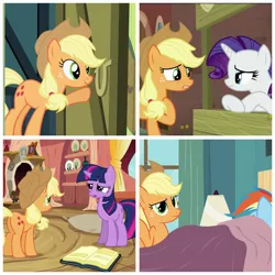 Size: 900x900 | Tagged: safe, derpibooru import, edit, edited screencap, screencap, applejack, rainbow dash, rarity, twilight sparkle, earth pony, pony, unicorn, bed, comic, female, loss (meme), loss edit, mare, meme, unicorn twilight