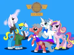 Size: 1024x768 | Tagged: safe, artist:sixes&sevens, derpibooru import, doctor whooves, fancypants, fleur-de-lis, princess cadance, time turner, oc, oc:captain drawbridge steward, alicorn, crystal pony, pony, unicorn, alternate hairstyle, bowtie, cape, clothes, dagger, doctor who, glasses, sweater, third doctor, weapon