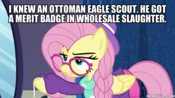 Size: 600x337 | Tagged: safe, derpibooru import, edit, edited screencap, screencap, fluttershy, pony, fake it 'til you make it, alternate hairstyle, caption, ernest scared stupid, hipstershy, image macro, meme, ottoman, text