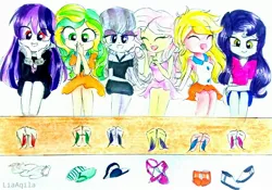 Size: 2430x1700 | Tagged: suggestive, artist:liaaqila, derpibooru import, inky rose, lily lace, moonlight raven, sunshine smiles, oc, oc:citrus squeeze, oc:midnight dew (ice1517), icey-verse, equestria girls, barefoot, bracelet, clothes, commission, cute, dress, equestria girls-ified, eyes closed, feather, feet, female, fetish, flats, foot fetish, high heels, inkyraven, lesbian, magical lesbian spawn, mother and child, mother and daughter, next generation, offspring, open mouth, parent:inky rose, parent:lily lace, parent:moonlight raven, parent:sunshine smiles, parents:inkyraven, parents:sunlace, sandals, shipping, shoes, shorts, siblings, simple background, sisters, skirt, socks, spiked wristband, stockings, stocks, sunlace, thigh highs, tickle torture, tickling, traditional art, white background, wristband