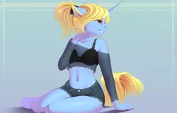 Size: 3000x1920 | Tagged: suggestive, artist:evehly, derpibooru import, oc, oc:art's desire, unofficial characters only, anthro, unguligrade anthro, unicorn, belly button, bra, breasts, clothes, commission, digital art, female, grin, image, png, see-through, smiling, solo, solo female, underwear, ych result