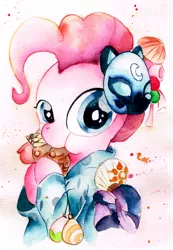 Size: 2379x3437 | Tagged: safe, artist:mashiromiku, derpibooru import, nightmare moon, pinkie pie, pony, clothes, japanese, japanese food, kimono (clothing), solo, traditional art, watercolor painting