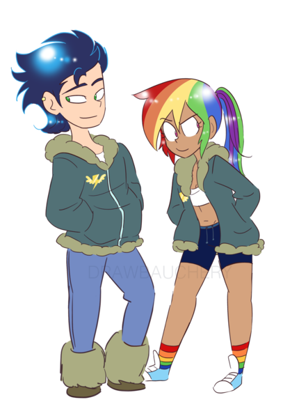 Size: 1353x1994 | Tagged: safe, artist:drawbauchery, derpibooru import, rainbow dash, soarin', human, clothes, converse, female, humanized, male, shipping, shoes, simple background, smiling, soarindash, straight