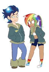 Size: 1353x1994 | Tagged: safe, artist:drawbauchery, derpibooru import, rainbow dash, soarin', human, clothes, converse, female, humanized, male, shipping, shoes, simple background, smiling, soarindash, straight