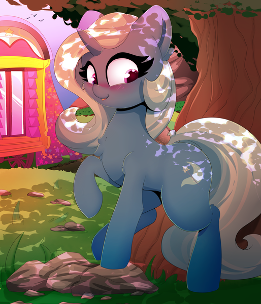 Size: 2400x2800 | Tagged: safe, artist:madacon, derpibooru import, trixie, pony, unicorn, blushing, cute, dawn, diatrixes, female, mare, scenery, smiling, solo, tree, trixie's wagon, wagon