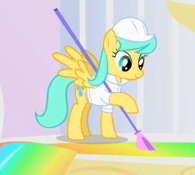 Size: 195x175 | Tagged: safe, derpibooru import, screencap, sunshower raindrops, pegasus, pony, sonic rainboom (episode), alternate hairstyle, background pony, cropped, female, hard hat, hoof hold, liquid rainbow, mare, picture for breezies, solo, spread wings, stirring, weather factory uniform, wings