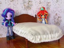 Size: 1600x1200 | Tagged: safe, artist:whatthehell!?, derpibooru import, starlight glimmer, sunset shimmer, fish, equestria girls, bed, bedroom, clothes, doll, equestria girls minis, food, irl, photo, quilt, shoes, skirt, sunset sushi, sushi, toy, victorian