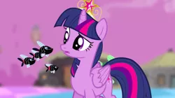 Size: 1440x809 | Tagged: safe, derpibooru import, screencap, twilight sparkle, twilight sparkle (alicorn), alicorn, fish, pony, princess twilight sparkle (episode), big crown thingy, blurred background, chaos, element of magic, female, floating, jewelry, mare, purple sky, regalia, school of fish, solo