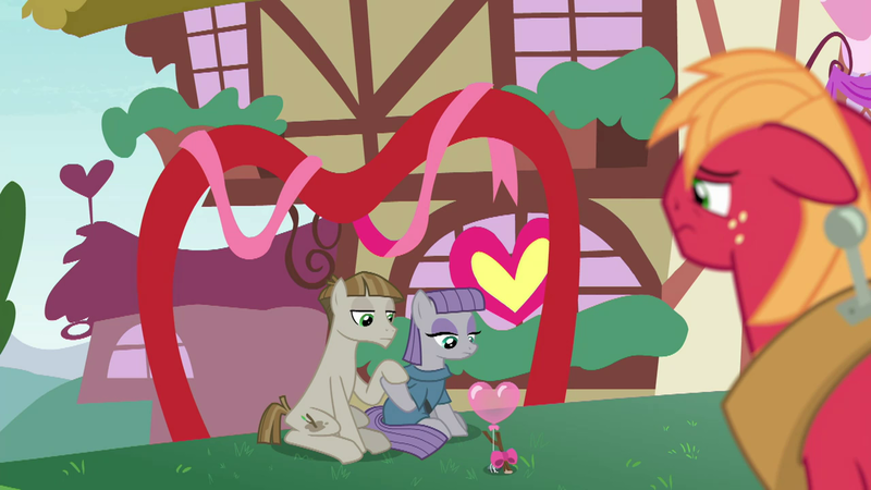 Size: 1280x720 | Tagged: safe, derpibooru import, screencap, big macintosh, boulder (pet), maud pie, mudbriar, twiggy (pet), earth pony, pony, the break up breakdown, balloon, cargo ship, female, holding hooves, male, mare, maudbriar, shipping, spoiler, stallion, stick, stick and stone, straight