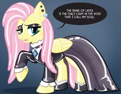 Size: 1035x800 | Tagged: safe, artist:hornbuckle, derpibooru import, fluttershy, latex pony, original species, pony, rubber pony, fake it 'til you make it, clothes, dialogue, dress, ear piercing, eyeshadow, female, fluttergoth, latex, lifted leg, looking at you, makeup, piercing, rubber, solo