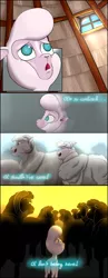 Size: 2800x7200 | Tagged: adventure, anxiety, artist:twiwrite-flare, chamber, comic, comic:the adventures of pom the sheep, community related, confused, derpibooru import, dialogue, ewe, flashback, flock, looking around, looking up, male, pom lamb, prologue, ram, ram horns, safe, scary, scary face, sheep, silently judging, thatched roof cottages, them's fightin' herds, thought bubble, watching, window