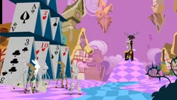 Size: 1280x720 | Tagged: animal, bunny stampede, chaos, derpibooru import, discord, discorded landscape, discord's throne, draconequus, floating island, girabbit, house of cards, male, playing card, ponyville, purple sky, rabbit, safe, screencap, the return of harmony, throne