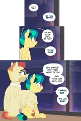 Size: 1964x2919 | Tagged: safe, artist:shinodage, derpibooru import, oc, oc:apogee, oc:jet stream, unofficial characters only, pegasus, pony, comic, cutie mark, delta vee's junkyard, dialogue, duo, father and child, father and daughter, female, filly, freckles, hug, male, sitting, speech bubble, stallion, window, winghug