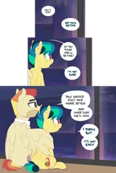 Size: 1964x2919 | Tagged: safe, artist:shinodage, derpibooru import, oc, oc:apogee, oc:jet stream, unofficial characters only, pegasus, pony, comic, cutie mark, delta vee's junkyard, dialogue, duo, father and child, father and daughter, female, filly, freckles, hug, male, sitting, speech bubble, stallion, window, winghug