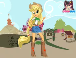 Size: 794x599 | Tagged: safe, artist:user15432, derpibooru import, applejack, human, equestria girls, equestria girls (movie), boots, clothes, cowboy hat, dress up, dressup, equestria girls plus, hat, humanized, ponied up, pony ears, shoes, starsue, wondercolts