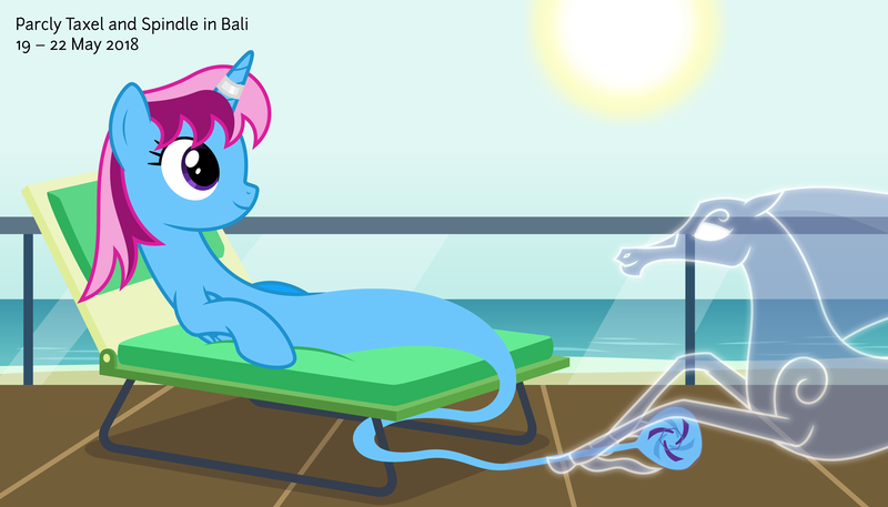 Size: 11200x6400 | Tagged: safe, artist:parclytaxel, derpibooru import, oc, oc:parcly taxel, oc:spindle, unofficial characters only, alicorn, genie, genie pony, pony, windigo, ain't never had friends like us, albumin flask, .svg available, absurd resolution, alicorn oc, bali, beach, bottle, chair, cushion, female, horn, horn ring, indonesia, mare, massage, massage chair, on back, parcly taxel in bali, parcly's travel covers, relaxing, ring, smiling, sun, vector, windigo oc, wings