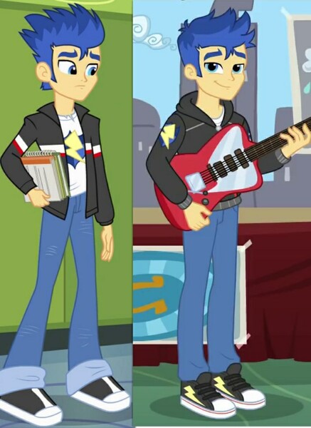 Size: 720x989 | Tagged: safe, derpibooru import, edit, edited screencap, screencap, flash sentry, best trends forever, equestria girls, equestria girls (movie), equestria girls series, clothes, comparison, converse, cyoa, electric guitar, guitar, hoodie, jacket, looking at you, male, musical instrument, pants, shoes, smiling, sneakers