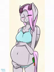 Size: 1440x1920 | Tagged: anthro, artist:saharat ounaim, belly, big belly, blushing, breasts, clothes, derpibooru import, female, hand on belly, happy, hybrid, interspecies offspring, multiple pregnancy, oc, oc:beryl (discoshy), offspring, parent:discord, parent:fluttershy, parents:discoshy, pregnant, shiny, smiling, solo, solo female, suggestive, underwear, unofficial characters only