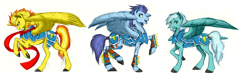 Size: 1600x506 | Tagged: safe, artist:earthsong9405, artist:rex42, derpibooru import, fleetfoot, soarin', spitfire, pegasus, pony, alternate universe, armor, clothes, female, greaves, leather armor, long description, male, mare, raised hoof, realistic anatomy, realistic horse legs, rearing, scarf, simple background, soldier, spread wings, stallion, tail feathers, tail wrap, white background, wings, wonderbolts